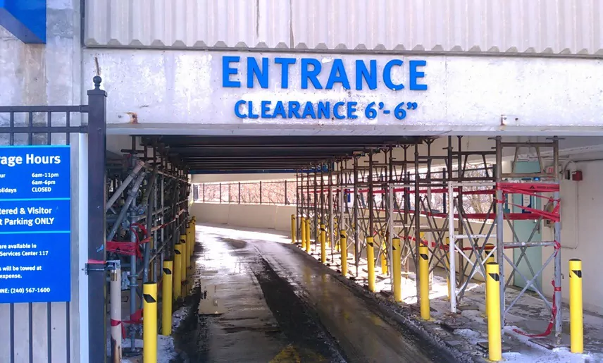Montgomery College Parking Garage Entrance Sign During Repair Work