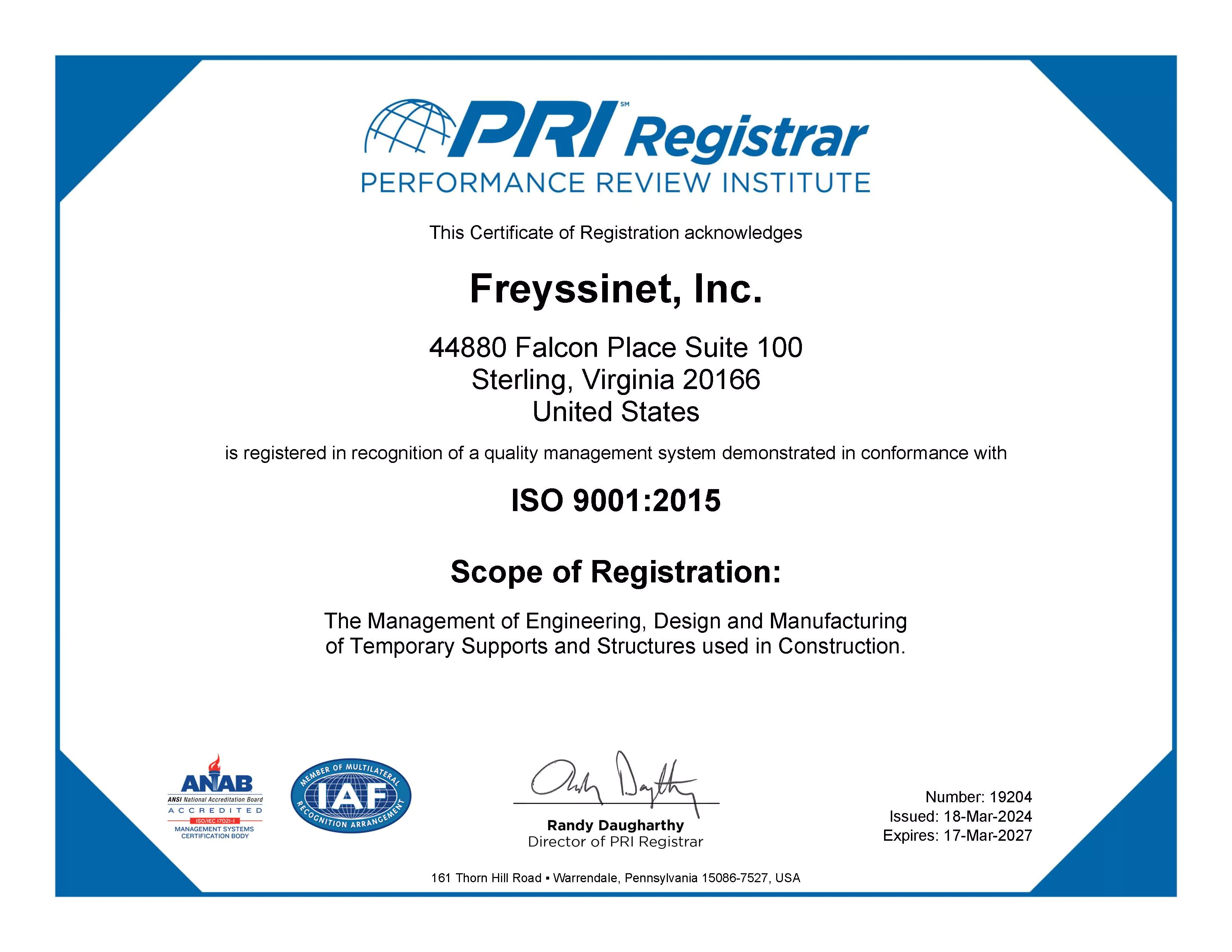 Freyssinet, Inc. ISO 9001:2015 Certification
